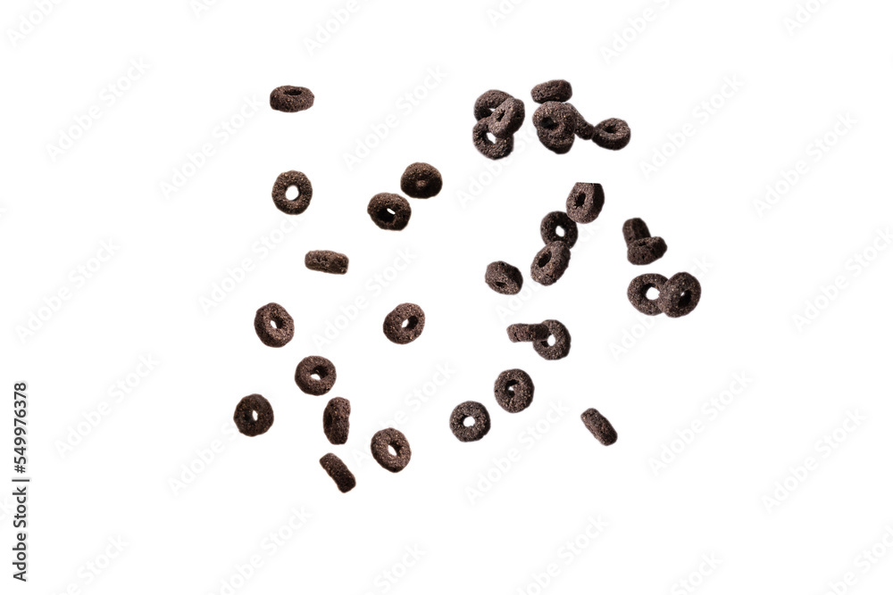 Chocolate rings cereal spill out into a bowl. Breakfast. Chocolate rings cereal spill out into a bowl. Breakfast.