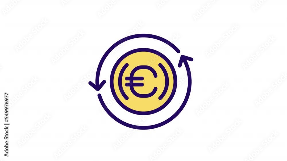 Animated turning coin color icon. Dollar and euro currencies exchange. Seamless loop HD video with alpha channel on transparent background. Simple filled line motion graphic animation