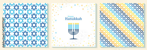 Happy Hanukkah card with nine-branched candelabrum Hanukkah menorah and Star of David Jewish symbol.