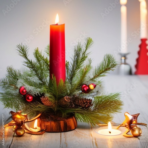 Burning candles on Advent wreath with candles for Advent and Christmas. Decoration with Advent candles, fir branches, cones, baubles and wooden table. 