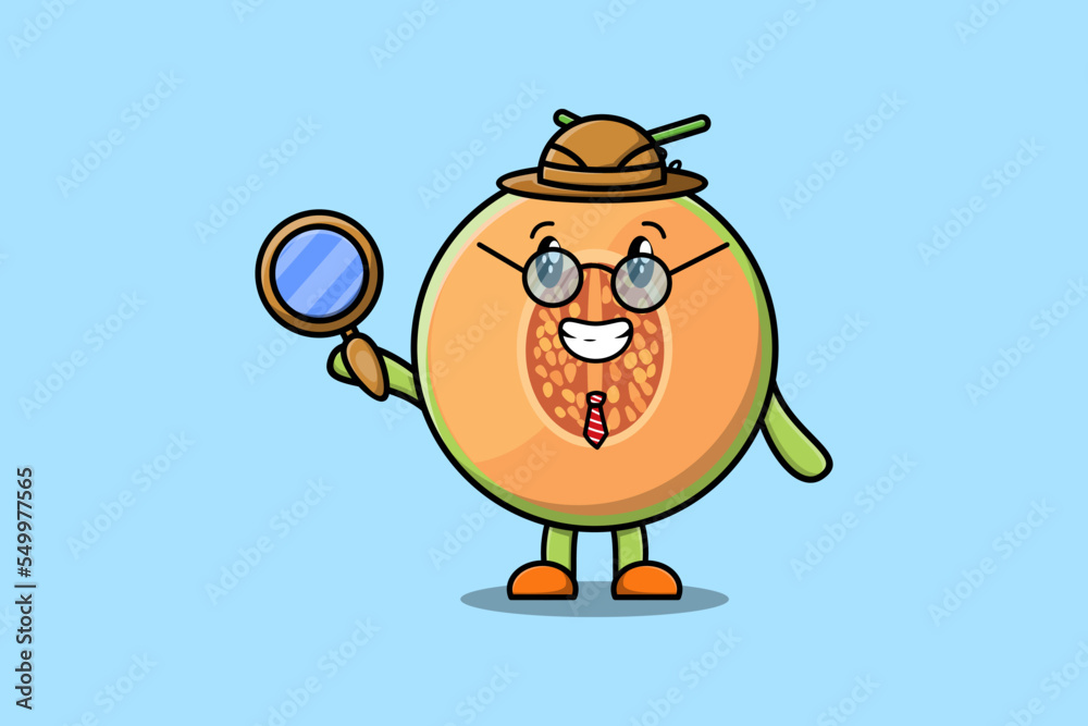 Fototapeta premium Cute cartoon character Melon detective is searching with magnifying glass 