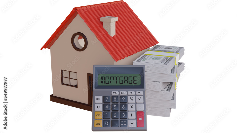 A house, Mortgage writing on a calculator and stacks of money