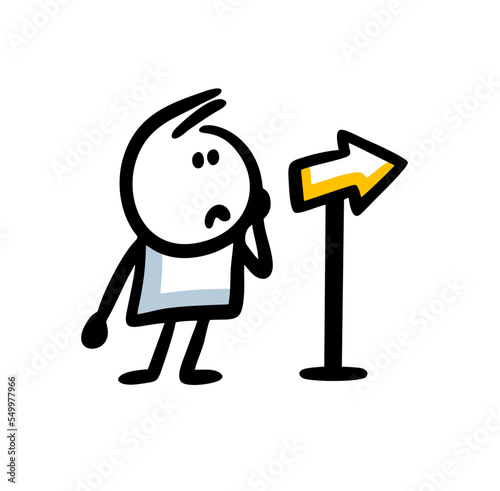 A confused traveler stands in front of a pointer and chooses the direction of the path.