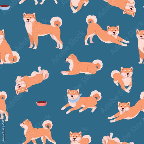 Cute shiba inu seamless pattern, cartoon flat vector illustration.