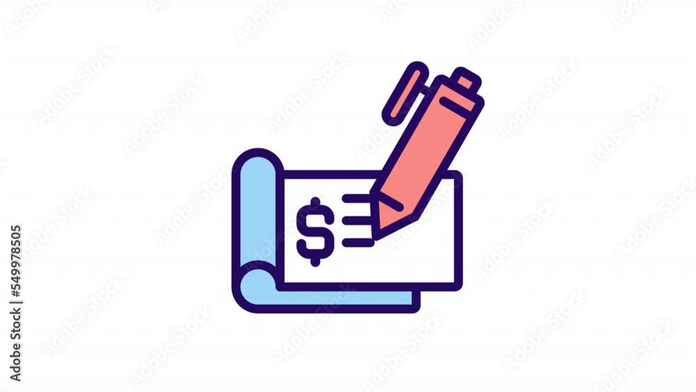 Animated check signing color icon. Money payment with bill. Financial operation. Seamless loop HD video with alpha channel on transparent background. Simple filled line motion graphic animation Animated check signing color icon. Money payment with bill. Financial operation. Seamless loop HD video with alpha channel on transparent background. Simple filled line motion graphic animation