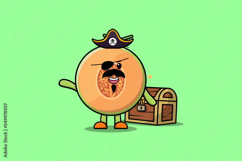 Cute cartoon character Melon pirate with treasure box illustration in modern style design