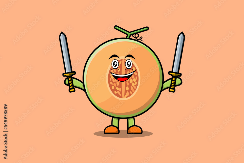 Cute cartoon Melon character holding two sword in 3d modern design illustration Cute cartoon Melon character holding two sword in 3d modern design illustration