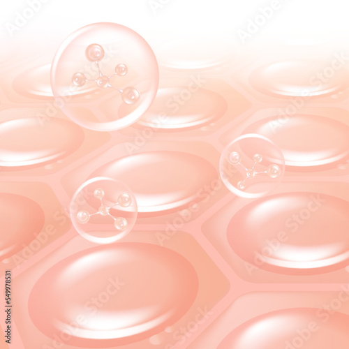 Hyaluronic acid hair and skin solutions ad, pink collagen serum drop over skin cells with cosmetic advertising background ready to use, illustration vector.