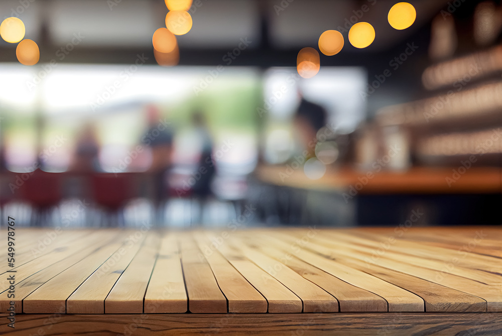 Wooden top table with bokeh light effect and blur restaurant of cafe, coffee shop, bar on blur background. Can used for display or montage your products Wooden top table with bokeh light effect and blur restaurant of cafe, coffee shop, bar on blur background. Can used for display or montage your products