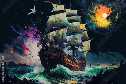 Sailing ship lost in the stromy ocean. fantasy scenery. concept art.