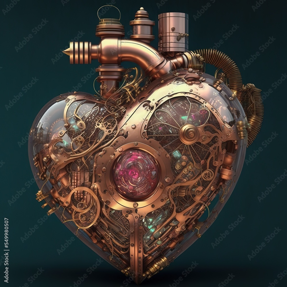 Steampunk mecha robot techno heart. engine with pipes, radiators and wooden hood parts. bike show rock hardcore poster template isolated - obrazy, fototapety, plakaty 