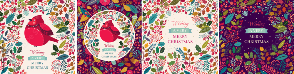 Obraz premium Collection of Christmas illustrations with bullfinch and leaves