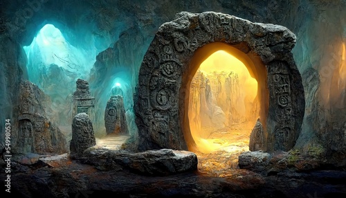 There is a portal in the stone cave. Sunlight enters the cave through the entrance. On the stone are records of people from past eras.  © Andrei Hasperovich