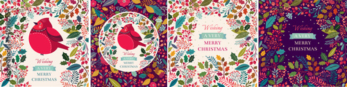 Foto Collection of Christmas illustrations with bullfinch and leaves
