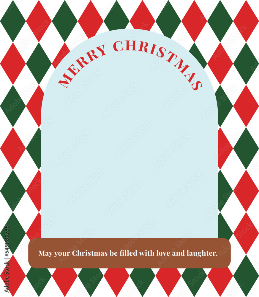 Fototapeta premium Border frame background for December winter festive Christmas concept. It has a red and green combination of rhombus patterns and a 'Merry Christmas' typography.