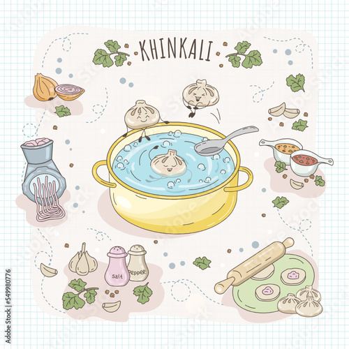 Set of products for cooking dumplings, khinkali, ingredients and finished dish, cooking recipe
