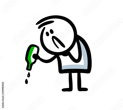 A sad alcoholic pours the last drops from an empty bottle of wine.