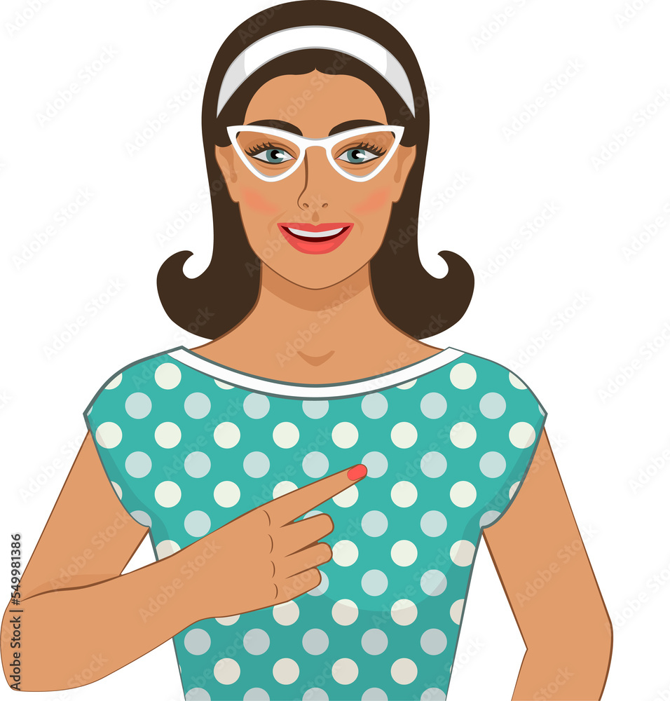 Smiling retro woman points her finger to the side