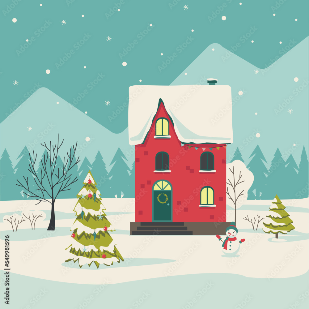 Suburban house covered snow with snowman in flat vector illustration. Building in holiday  decoration with Christmas or New year tree. Merry christmas holiday, xmas celebration in winter landscape