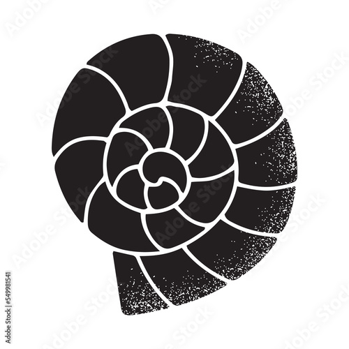 Hand drawn linocut style seashell with textured effect. Isolated vector illustration in silhouette style