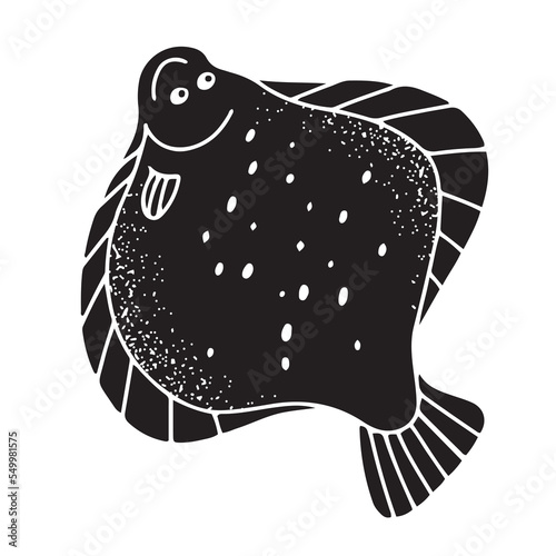 Cute childish flounder fish, hand drawn vector illustration in silhouette style with textured effect