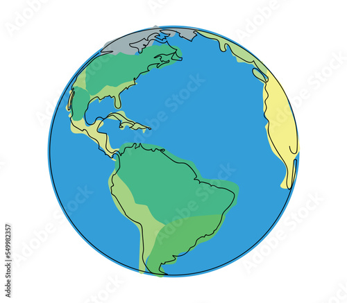 Continuous line art or one line drawing of global vector on white background. North and South America