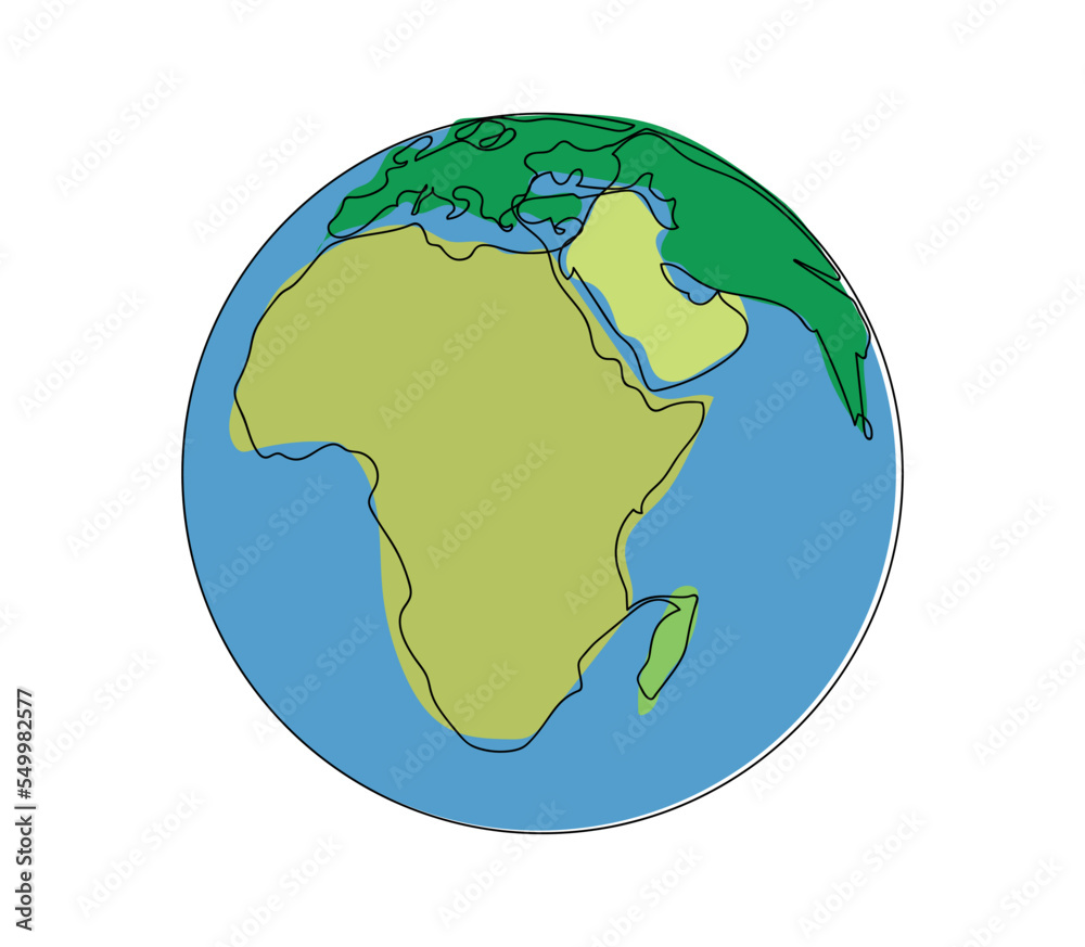 Continuous line art or one line drawing of global vector on white background. Africa, Arabican Emirats