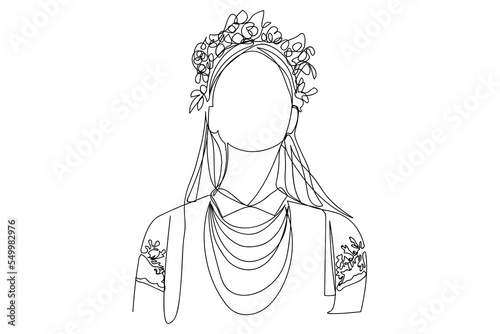 Flower Girl One Line Drawing. Modern Abstract Ukrainian Girl With Flowers Wreath Line Art Minimalist Style. Flower Line Art. Women's line art. Vector Illustration