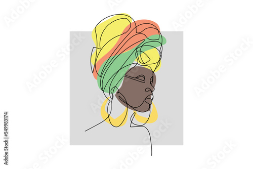 Face of an Afro American woman with a colorful turban in a modern abstract minimalist one line style. Continuous black line simple drawing.