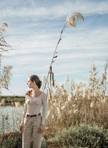 Young woman takes a walk on field among the pampas at sunset golden hour. Lady walking in the marsh on a sunny day surrounded by feather dusters on floral sticks. fluffy grass. Phragmites australis.