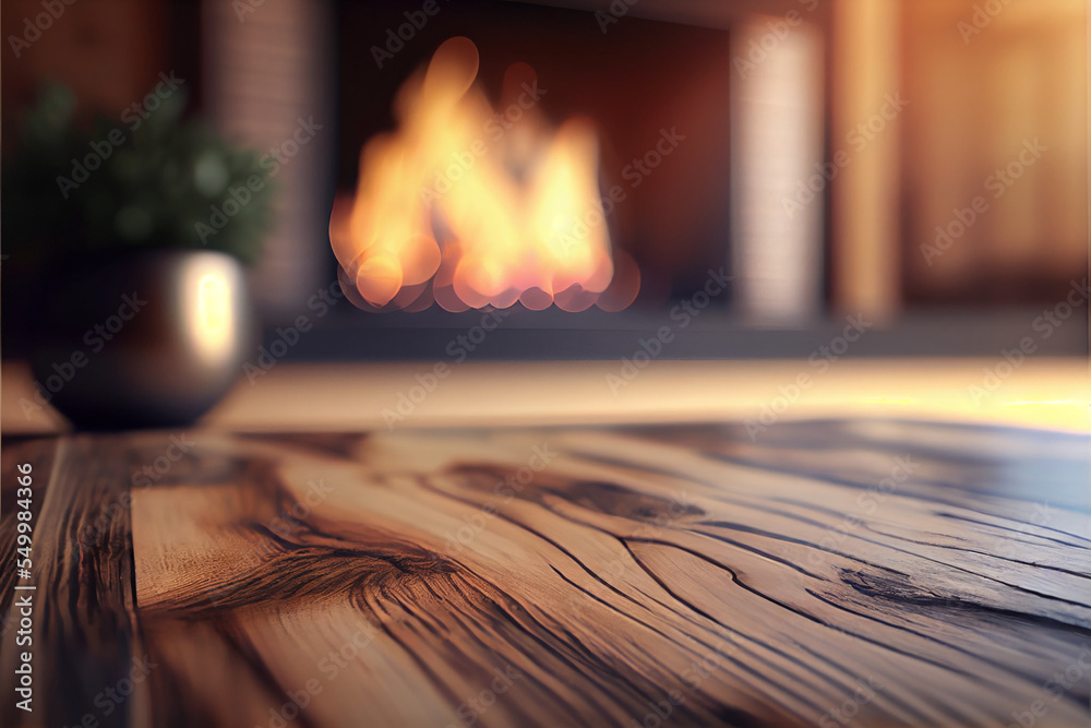 elegant wooden floor with warm fire burning in the background, cozy ...