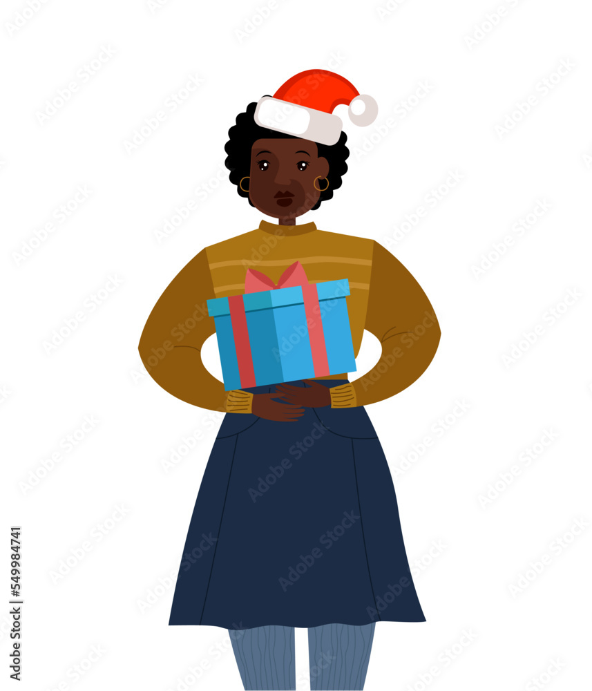 Happy girl with Christmas presents in Santa's hat. Beautiful element for your New Year design. Christmas eve, happy celebration, office party, family dinner concept.