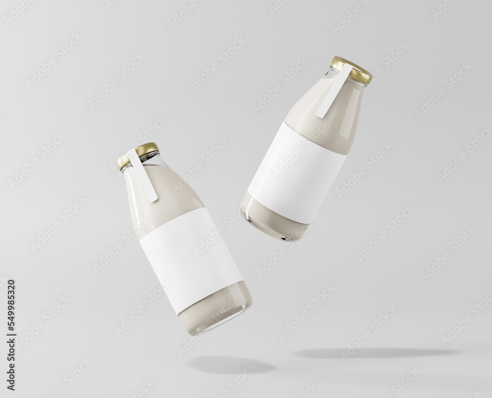 Milk tea in a clear glass bottle with a label, a glass bottle of milk mockup, 3d rendering, 3d modeling Milk tea in a clear glass bottle with a label, a glass bottle of milk mockup, 3d rendering, 3d modeling