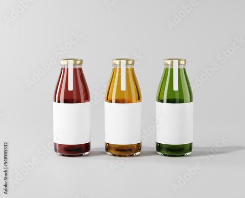 Fruit juice in a clear glass bottle, a glass bottle of beverage mockup, 3d rendering, 3d modeling