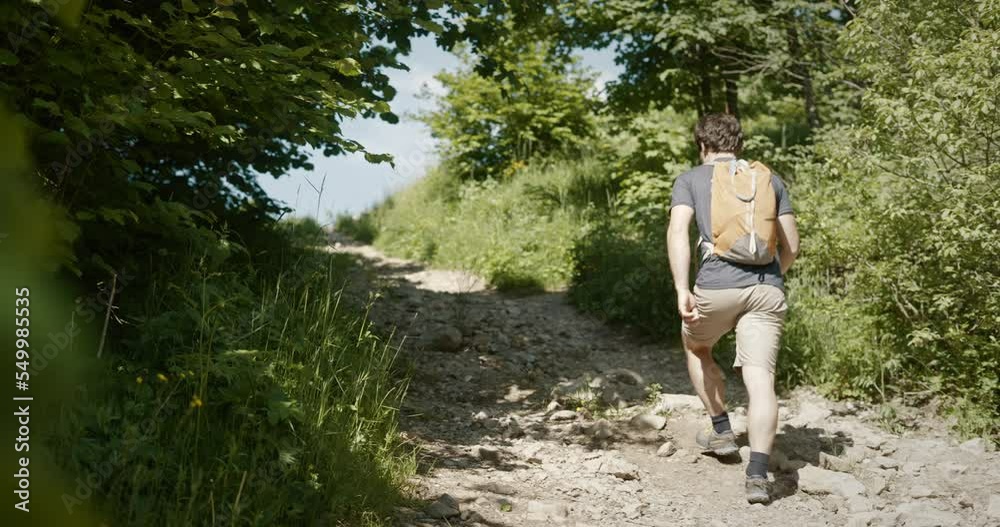 Camera shot of a hikers from behind, with an orange backpack, walikg on a rocky path under the branches towards the clearing. Camera shot of a hikers from behind, with an orange backpack, walikg on a rocky path under the branches towards the clearing.