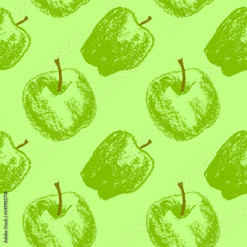 Green apples seamless pattern for fabric design. Fresh apple textile ornament. Fruit background for Vegan banner, label juice. Apple drawings for hand cooking jam packaging. Hand-drawn illustrations.