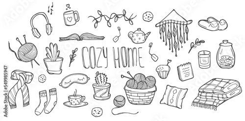 Hand drawn set of home hygge doodles. Coziness and comfortable lifestyle, cozy home. Cushion, house plant, mask for sleep, socks in sketch style. Vector illustration isolated on white background.