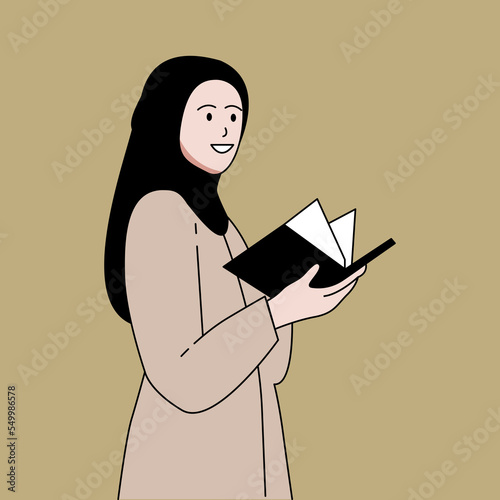 Female muslim teacher open a book flat illustration