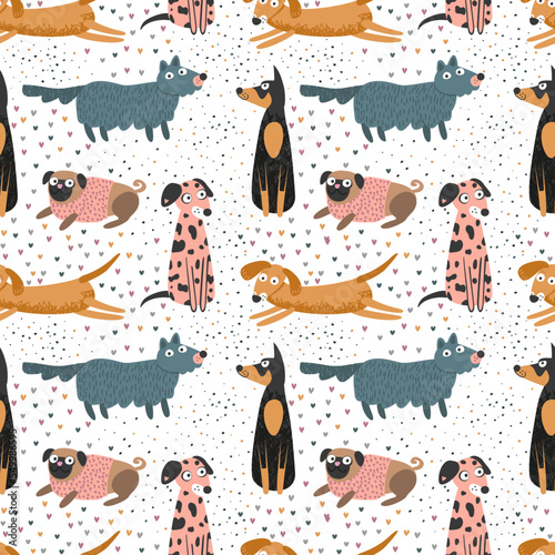 Dogs pug, doberman, dolmatian, dachshund. Seamless pattern, vector illustration