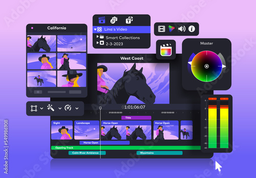 non-linear video editing software program. Popular video editor. Editing a video project. Sound and color adjustment. Video Clip Editing Program Interface