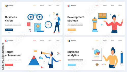 Business vision, development strategy, business analytics set vector illustration. Cartoon tiny people look for future targets achievement with telescope, analyze financial data of pie chart