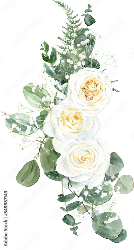 Watercolor floristic bouquet with white roses, eucalyptus, flowers,  green leaves. For invitations, backgrounds, wedding sets, fashion, scrapbooking, digital paper. 