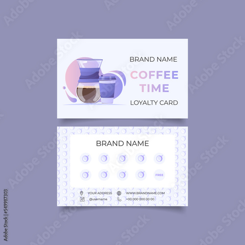 Customer program for cafe or coffee shop. Loyalty card. Layout with blank space for stamps, special offer to collect stamps, buy 9 get one drink free. Chemex coffee maker and glass mug with coffee