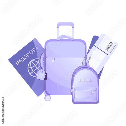 Suitcase, backpack, airplane tickets, passport and paper airplane. Travel, summer holidays, booking, planning a vacation and tourism concept	