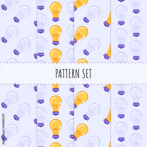 Pattern set. Seamless pattern with bulb lamp icons on purple background for poster, banner, wallpaper. Wrapping Paper Pattern, scrapbook patterns, textile and other design. Light on and off patterns
