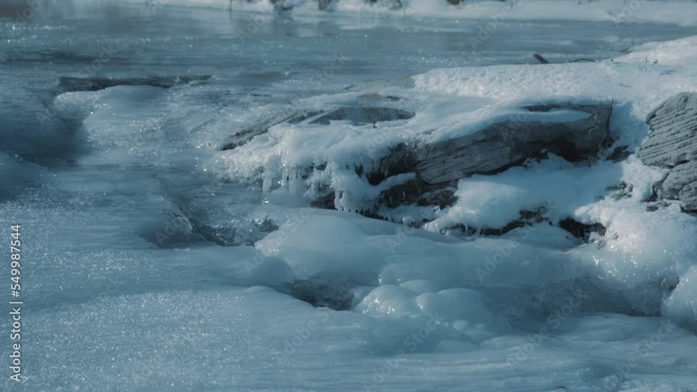 Mountain water stream flowing through ice and rocks in winter. Slow motion. Mountain water stream flowing through ice and rocks in winter. Slow motion.