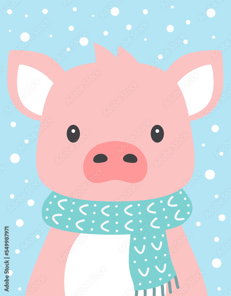 cartoon winter card of pig on snow background cartoon winter card of pig on snow background