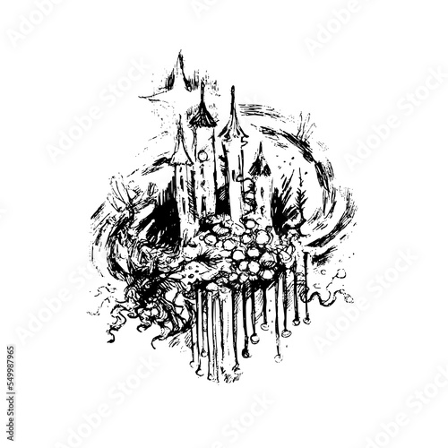 Doodle art with castle. Gothic tattoo art. Vector drawing. 