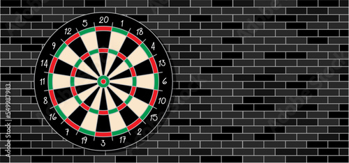 Drawing cartoon dart board on brick wall. Dartboard icon. Game board and darts. goal target competition sign. Sports equipment and arrows. Throw single, double or triple. 