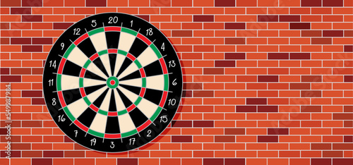 Drawing cartoon dart board on brick wall. Dartboard icon. Game board and darts. goal target competition sign. Sports equipment and arrows. Throw single, double or triple. 